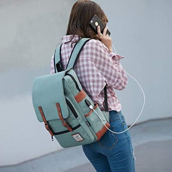 Mancio Vintage Laptop Backpack green USB Charging Port Men,Women Travelling, bag - Picture 6 of 6